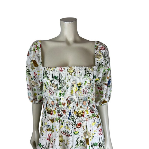 NEW Rhode Astrid Smocked Printed Dress Size L Puff Sleeve Picnic White Pleat - Picture 4 of 12